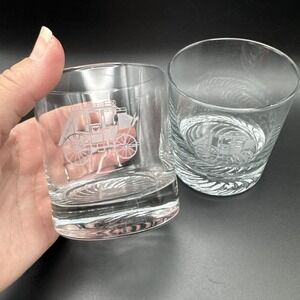 Vintage Cocktail Glasses Western Stagecoach Barware Whisky Lowball Set‎ 2 3.5"